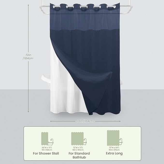 Inhousolu No Hook Shower Curtain with Snap in Fabric Liner Set Waffle Weave 230GSM Weighted Hem, Waterproof & Washable Bathroom Curtain Spa Luxury with Mesh Top Window 72" W x 72" L Navy Blue