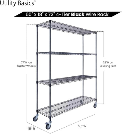 NSF Commercial 4-Tier Wire Shelving with Wheels, 60"x18"x72" Heavy Duty Metal Shelves 3200 lbs Max Capacity, Black Storage Rack for Garage Kitchen Pantry Warehouse
