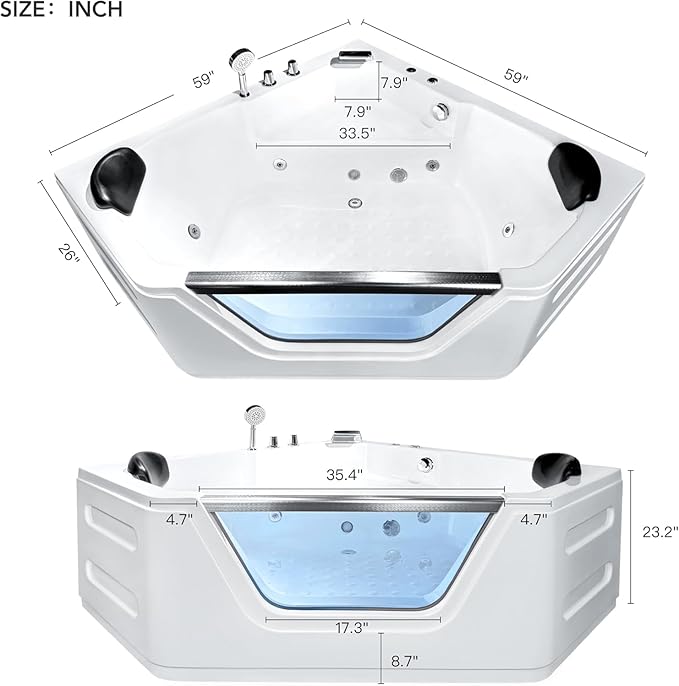 Corner Tub 2 Person Acrylic Whirlpool Bathtub,59" Corner Jetted Bathtub with Light,Spa Bath tub with 6 Jets,Hydro Massage Tub with Chromatherapy,White