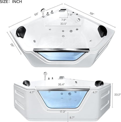 Corner Tub 2 Person Acrylic Whirlpool Bathtub,59" Corner Jetted Bathtub with Light,Spa Bath tub with 6 Jets,Hydro Massage Tub with Chromatherapy,White