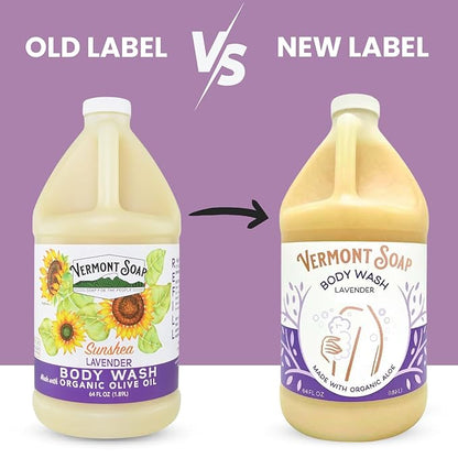 VERMONT SOAP Natural Body Wash with Shea Butter, Mild Gel Body Wash for Moisturizing and Soothing Skin, Fragrance Free Body Wash for Women & Men (Lavender, 64oz)