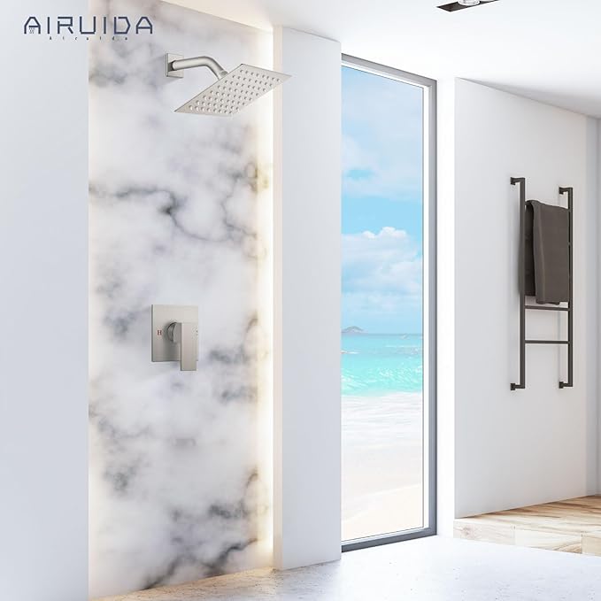 Airuida Shower Faucet Set Bathroom Rain Shower System SUS304 Stainless Steel Single Handle With Male Threads Rough-in Valve Shower Trim Kit 6 Inch Wall Mount Shower Head Brushed Nickel