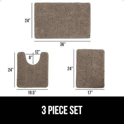 GORILLA GRIP Bathroom Rug Sets 3 Piece, Bath Mat Set and Oval Toilet Base with Rubber Backing, Plush Absorbent Shaggy Chenille Washable Mats, Includes 24x19.5, 24x17 and 36x24 Inch Rugs, Gray Beige