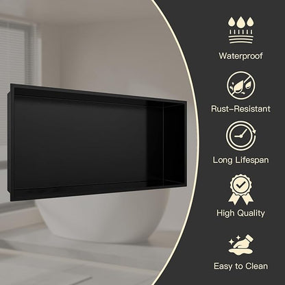 12" X 24" Shower Niche Insert Tile Ready, Niche for Shower Wall, Stainless Steel Recessed Shelf No Tile Needed for Bathroom Storage, Matte Black