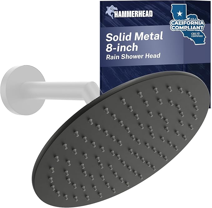 HammerHead Showers® Solid Metal 8 Inch Rainfall Shower Head – MATTE BLACK - Shower Head Rainfall - 1.75 GPM High Flow Shower Head Optimized for Pressure – Large Round Rain Shower Heads