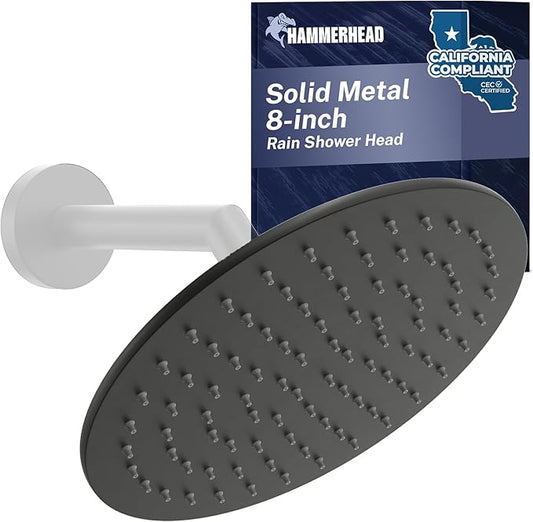 HammerHead Showers® Solid Metal 8 Inch Rainfall Shower Head – MATTE BLACK - Shower Head Rainfall - 1.75 GPM High Flow Shower Head Optimized for Pressure – Large Round Rain Shower Heads