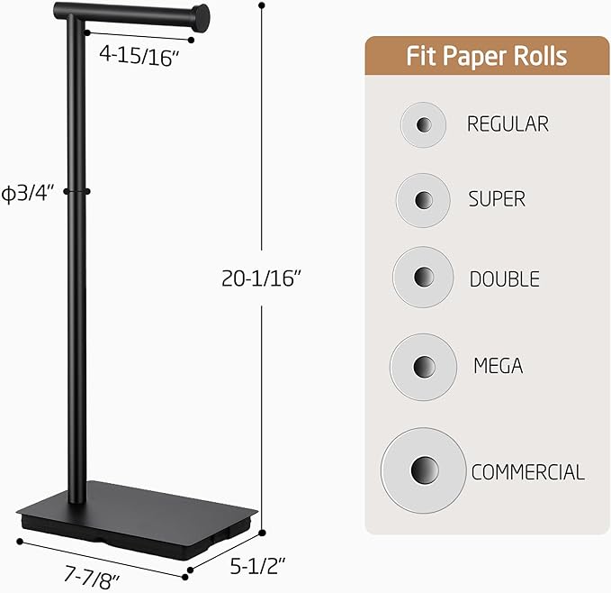 KES Black Toilet Paper Holder Stand Bathroom Freestanding Toilet Tissue Paper Roll Holder, 20" H SUS304 Stainless Steel Rustproof Weighted Base Matte Black, BPH286S1A-BK