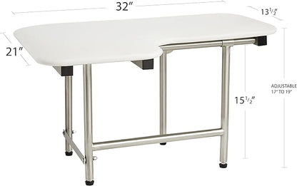 32" x 22.5" White Padded Wall Mount Folding Right-Handed Transfer Bench Shower Seat with Legs, ADA Compliant