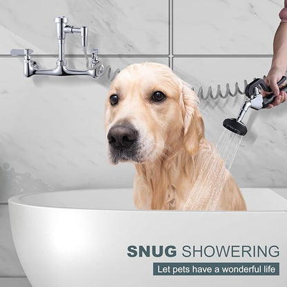 Pet Grooming Faucet, Wall Mount 8" Centers Mixing Faucet, Brass Pet Grooming Unit with Aluminum Spray Valve, Coiled Hose, Vacuum Breaker, Lever Handles for Shower Bathroom Garden Outdoors Sink
