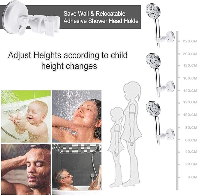 Adjustable Shower Head Holder, Bathroom Suction Cup Handheld Shower Head Bracket, Removable Handheld Showerhead & Wall Mounted Suction Bracket (White)