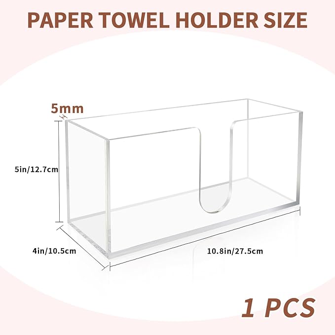 Acrylic Paper Towel Holder Countertop, 5mm Thick Clear C-Fold Z-Fold Trifold Napkin Dispenser, Bathroom & Kitchen Organizer for Multifold Towels (1)