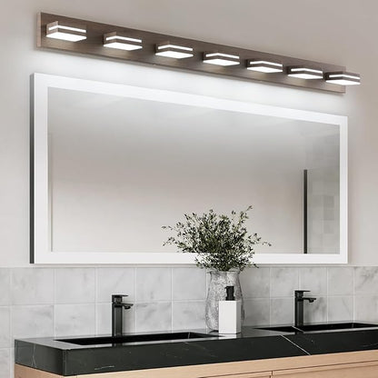 SineRise LED Modern Bathroom Vanity Light Fixtures (7-Light, 55-Inch), Brown Wood Painted Modern Acrylic Bathroom Wall Lighting Fixtures Over Mirror (Cool White 6000K)