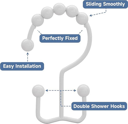 Titanker Shower Curtain Hooks Rings, Rust Resistant Metal Double Glide Shower Hooks for Bathroom Shower Rods Curtains, Set of 12 Hooks - White