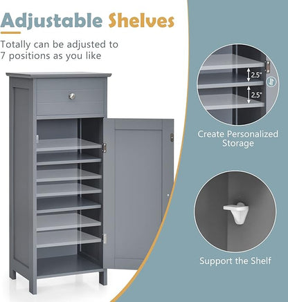 COSTWAY Bathroom Storage Cabinet, Single Door Floor Cabinet with Drawer and 3-Level Adjustable Shelves, Modern Side Storage Organizer with Anti-Tipping Device for Living Room, Bedroom (Gray)