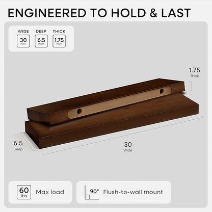 Homeforia 30inch Walnut Floating Shelves for Wall Mounted, High End Solid Real Wood 30 in Floating Shelf, Dark Brown Wooden 30 inch Long Floating Shelves, Heavy Duty Bracket, 30 X 6.5 X 1.75, Set of 4