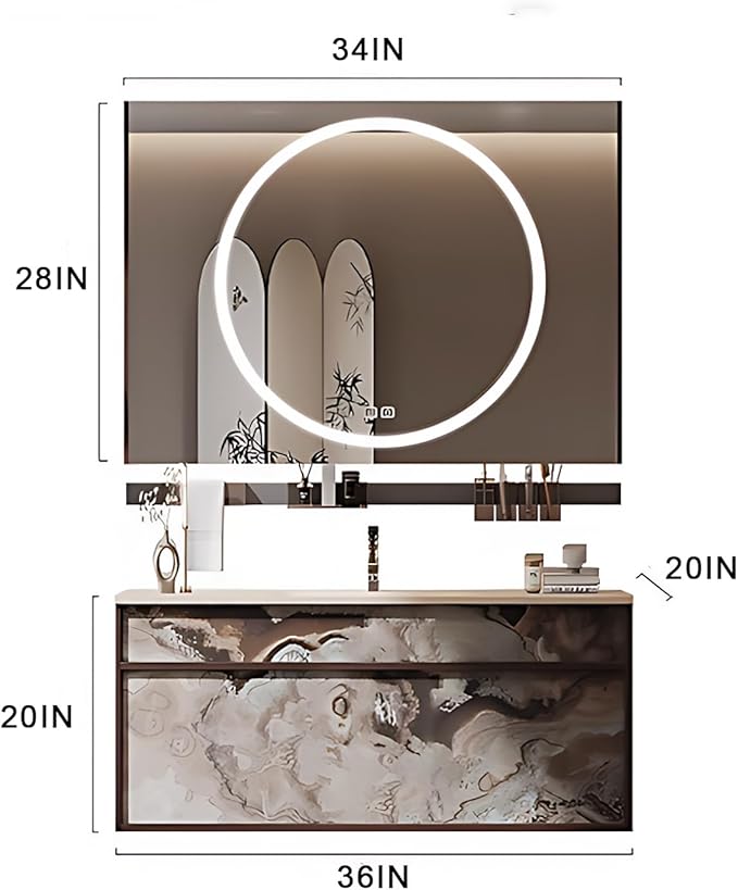 36IN Modern Bathroom Vanity with Sink - Bathroom Vanity with Drawer Organizer, LED Mirror Lights & Defogging Function | Wall - Mounted Vanity with Silver Sink Faucet