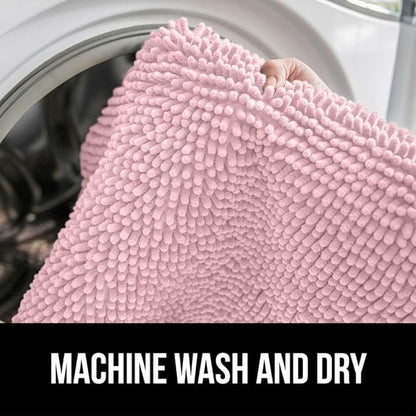 GORILLA GRIP Plush Absorbent Shaggy Chenille Bath Rug Mat for Oval Toilet Base with Rubber Backing, Machine Washable Rugs, Soft Microfiber Contour Mats for Toilets, Bathroom Decor, Lt Pink
