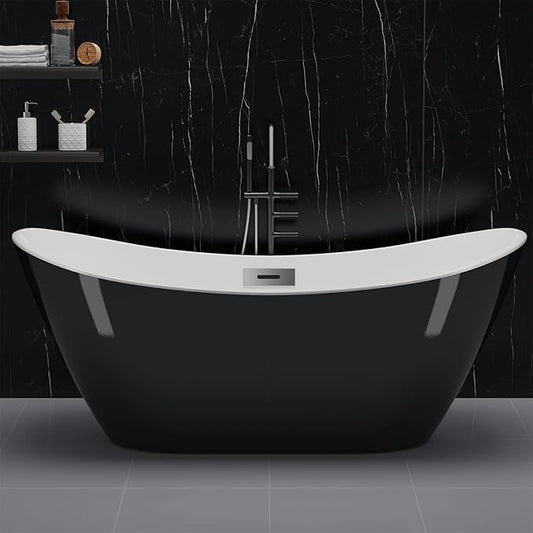 67" Deep Soaking Bathtub, Non-Slip Acrylic Tub with Chrome Drain, CUPC Certified, Ergonomic Modern Bath for Bathrooms, Easy-Install, Black Ingot