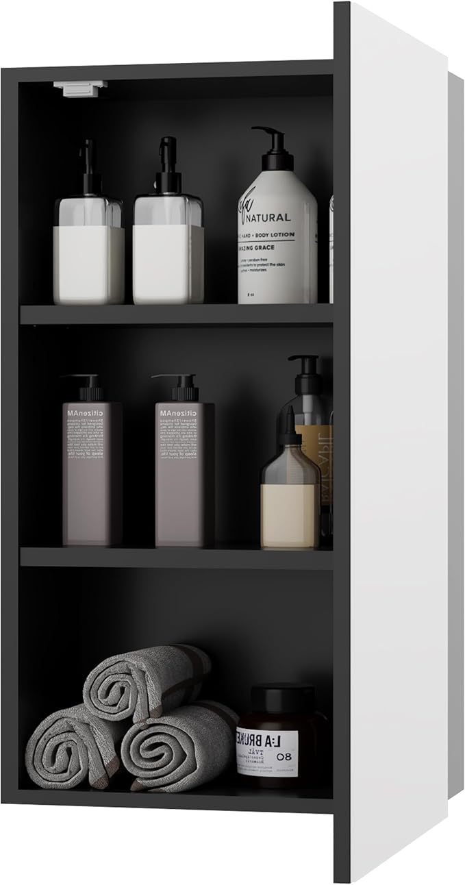eclife 24" Bathroom Medicine Cabinet W/Mirror, Single Door Bathroom Black Wall Mount Mirror Cabinet, Hanging Triple Shelf Storage Cabinet Opens Left and Right
