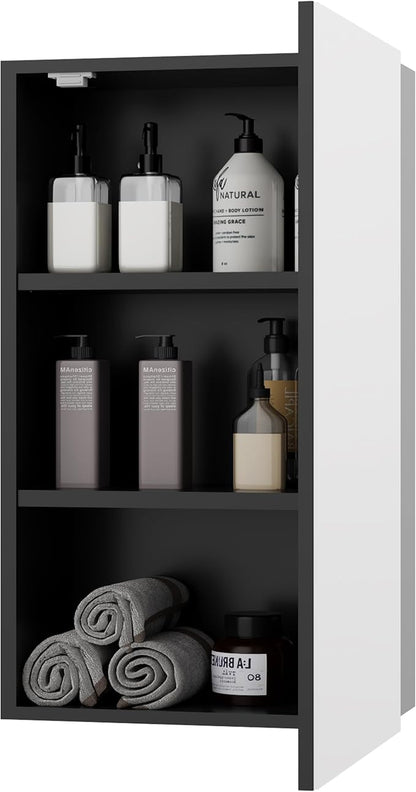 eclife 24" Bathroom Medicine Cabinet W/Mirror, Single Door Bathroom Black Wall Mount Mirror Cabinet, Hanging Triple Shelf Storage Cabinet Opens Left and Right