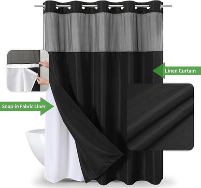 No Hooks Needed Linen Textured Shower Curtain with Snap-in Fabric Liner Set,Black Hotel Luxury Decor Shower Curtains for Bathroom,Waterproof & Washable,71Wx77H
