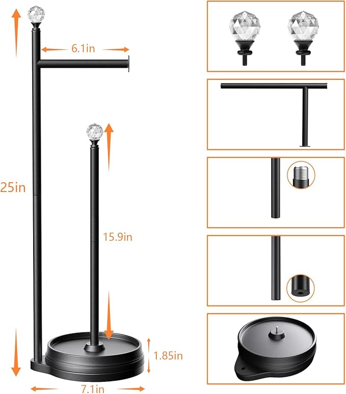 Toilet Paper Holder for Bathroom, Heavy Weighted Metal Free Standing Toilet Paper Holder Stand with Crystal Ball, Toilet Paper Roll Stand for Bathroom Accessories (Matte Black)
