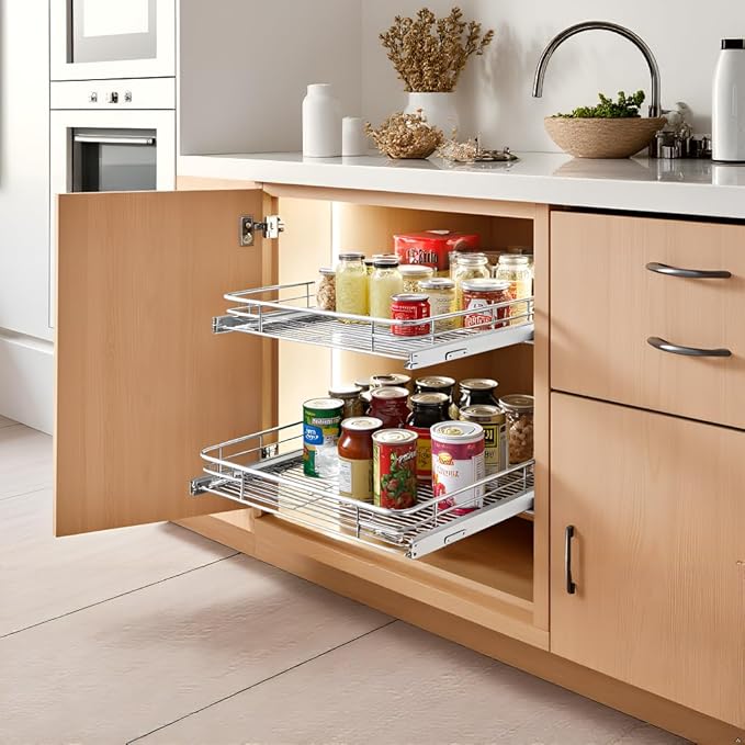 Cabinet Pull Out Shelves (17" W x 21" D), Heavy-Duty Premium Collection Slide Out Shelves, Metal Roll Out Shelves for Kitchen Cabinets, Anti-Rust Chrome Finish