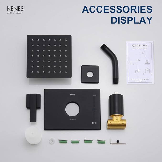 KENES Matte Black Shower Faucet with 6-Inch Shower Head and Handle Set, Square Shower Faucet Set Bathroom Rainfall Shower System Wall Mount, KE-6025B-2 (Shower Valve Included)
