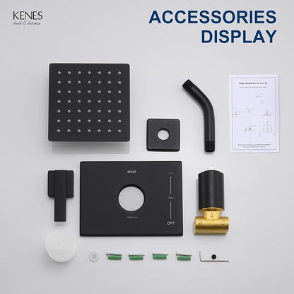 KENES Matte Black Shower Faucet with 6-Inch Shower Head and Handle Set, Square Shower Faucet Set Bathroom Rainfall Shower System Wall Mount, KE-6025B-2 (Shower Valve Included)