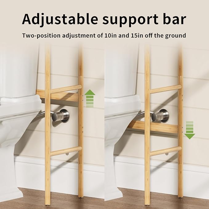 2 Tier Over The Toilet Organizer Rack Bamboo, Freestanding Bathroom Toilet Storage Shelf, Space Saving and Easy to Install, Adjustable Feet, Adjustable Bottom Rod