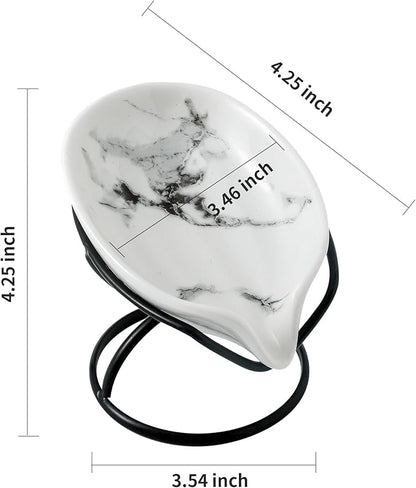 Leaf-Shaped Soap Dish – Ceramic Soap Bar Holder with Self-Drainage System – Bar Soap Holder for Shower, Bathroom Sink, Kitchen – Soap Dish with Stainless Steel Stand (White-Black-2 Pack)