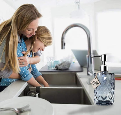 JASAI Diamond Design Glass Soap Dispenser with 304 Rust Proof Stainless Steel Soap Pump, 12 Ounce Kitchen Soap Dispenser for Bathroom, Hand Soap, Dish Soap (Grey)