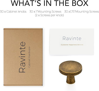 Ravinte 30 Pack Drawer Pulls 1-1/4 Inch Kitchen Cabinet Knobs Solid Round Dresser Drawer Knobs Antique Brass Dresser Knobs Drawer Knobs Simple Cabinet Hardware for Cupboard Drawer Pulls