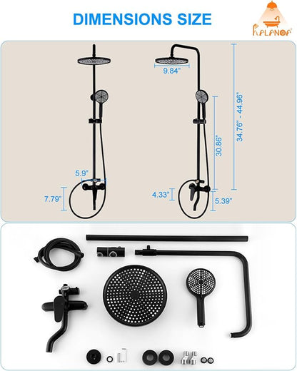 Outdoor Shower Fixture,3 Functions Handle Tub Rainfall Shower Faucet Sets with Dial Thermometer Brass Valve, Exposed Shower System with 10'' Rainfall Shower Head Adjustable (Matte Black)