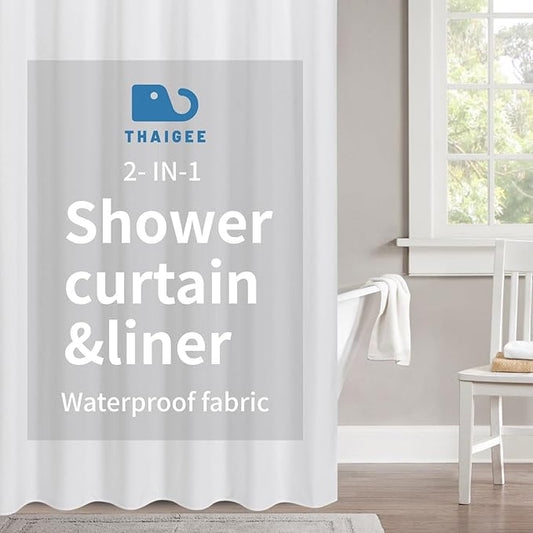 2-in-1 Waterproof Long Fabric Shower Curtain or Liner,Linen Textured,78 Inch Breathable TPU & Washable Bathroom Shower Curtain Set with 12 Plastic Hooks,Modern,72"x78",White