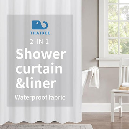 2-in-1 Waterproof Extra Long Fabric Shower Curtain or Liner,Linen Textured,96 Inch Breathable TPU & Washable Bathroom Shower Curtain Set with 12 Plastic Hooks,Modern,72"x96",White