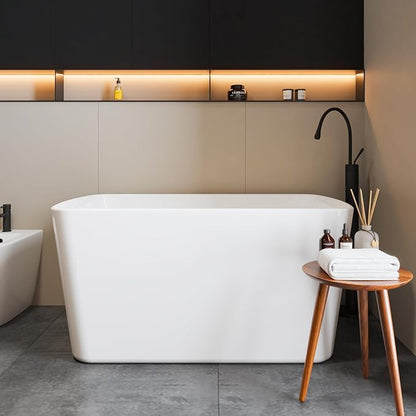 49" Acrylic Freestanding Bathtub - Japanese Square Soaking Tub with Built-in Seat, Toe-Tap Drain & Overflow, Glossy White, Compact Space-Saving Bath for Bathrooms