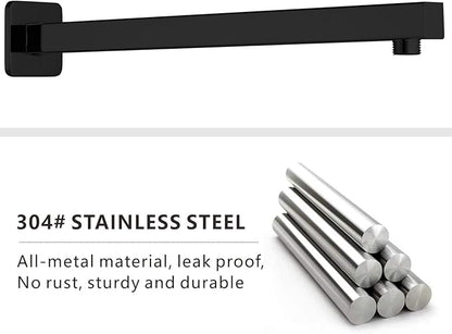Voolan 16" Square Shower Arm with Flange and Teflon Tape, Extension Shower Head Arm for Bathroom Fixed Shower Head, Solid Stainless Steel, Wall Mounted (Matte Black)