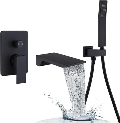 Roman Tub Filler Faucet with Waterfall Spout Wall Mounted Single Handle Bathtub Shower Faucet with Hand Shower Wall Mount Waterfall Tub Faucets Sets, Matte Black