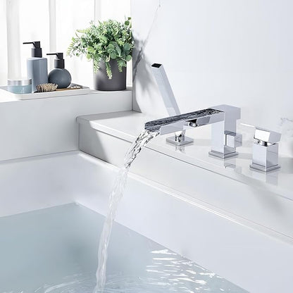 Waterfall Roman Tub Filler Faucet, Deck Mount Bathtub Filler with 360°Swivel Spout, 3 Holes Bathroom Tub Faucet with Sprayer, Chrome