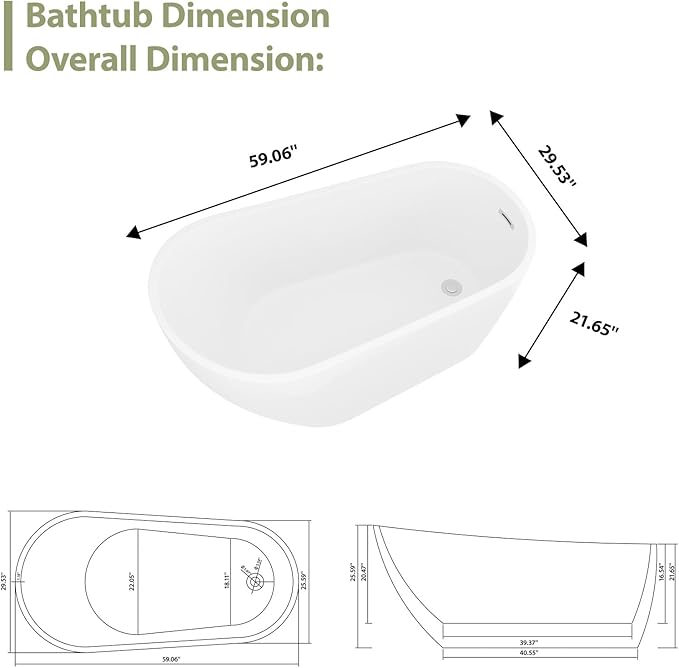 Mocoloo Freestanding Bathtub - 59 Inch Acrylic Stand Alone Soaking Bath Tub for Bathroom with a Right Overflow and Drain