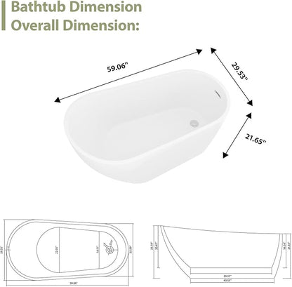 Mocoloo Freestanding Bathtub - 59 Inch Acrylic Stand Alone Soaking Bath Tub for Bathroom with a Right Overflow and Drain