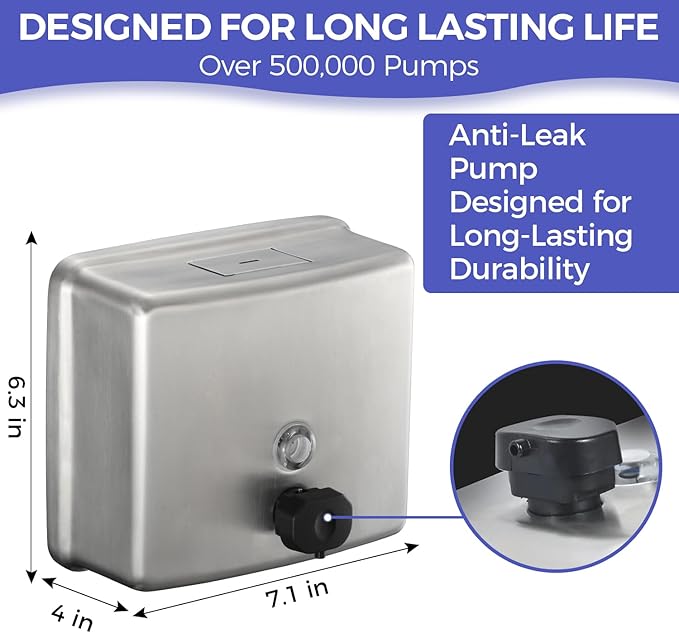 Stainless Steel Extra Large 1400ml/47oz Capacity Industrial Grade Soap Dispenser, Commercial Wall Mount Bathroom Hand Soap Dispenser with Corrosion Proof Lining and Anti-Leak Pump
