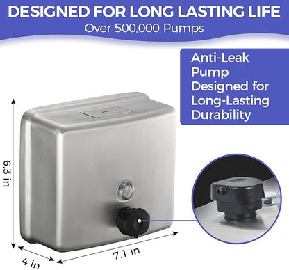 Stainless Steel Extra Large 1400ml/47oz Capacity Industrial Grade Soap Dispenser, Commercial Wall Mount Bathroom Hand Soap Dispenser with Corrosion Proof Lining and Anti-Leak Pump