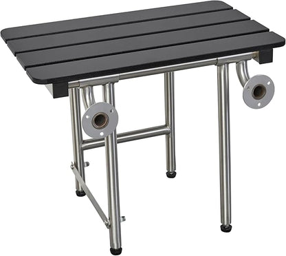 32-inch x 15-inch ADA Bariatric Folding Wall Mount Bathroom Shower Seat Bench with Legs, Black Slatted Phenolic Seat