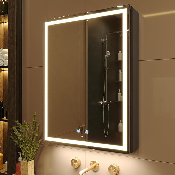 KWW LED Lighted Bathroom Medicine Cabinet with Sockets & USBs, Defogger, Dimmable, 3 Color Light Makeup Mirror, Easy to Install, Wall Mounted Cabinet (Right hinge-20 * 28)