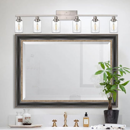 6-Lights Bathroom Vanity Light Fixtures with Seeded Glass Lampshades, 45.3-Inches Length Modern Brushed Nickel Wall Light Fixture for Kitchen Bathroom Lighting