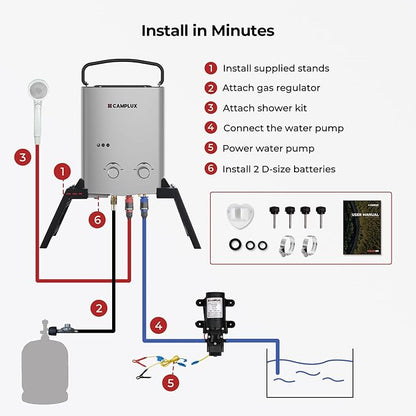 CAMPLUX 1.32 GPM Portable Outdoor Tankless Water Heater Propane Instant Hot Camping Shower Pump w/Freestanding Stand and Carry Bag, AY132GMax, Gray