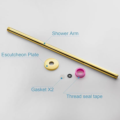 OFFO Shower Arm with Flange, Bright Gold 24 in Ceiling Mount Replacement Rain Shower Head Straight Arm Ceiling-Mounted For Fixed Shower Head & High Pressure Rain