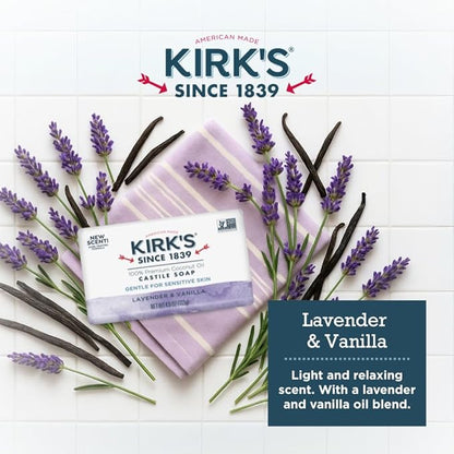 Kirk's Castile Bar Soap for Men, Women & Children - Made with Premium Coconut Oil, Sensitive Skin Formula, Vegan, Non GMO, Lavender & Vanilla, 4 oz. Bars 6 Pack